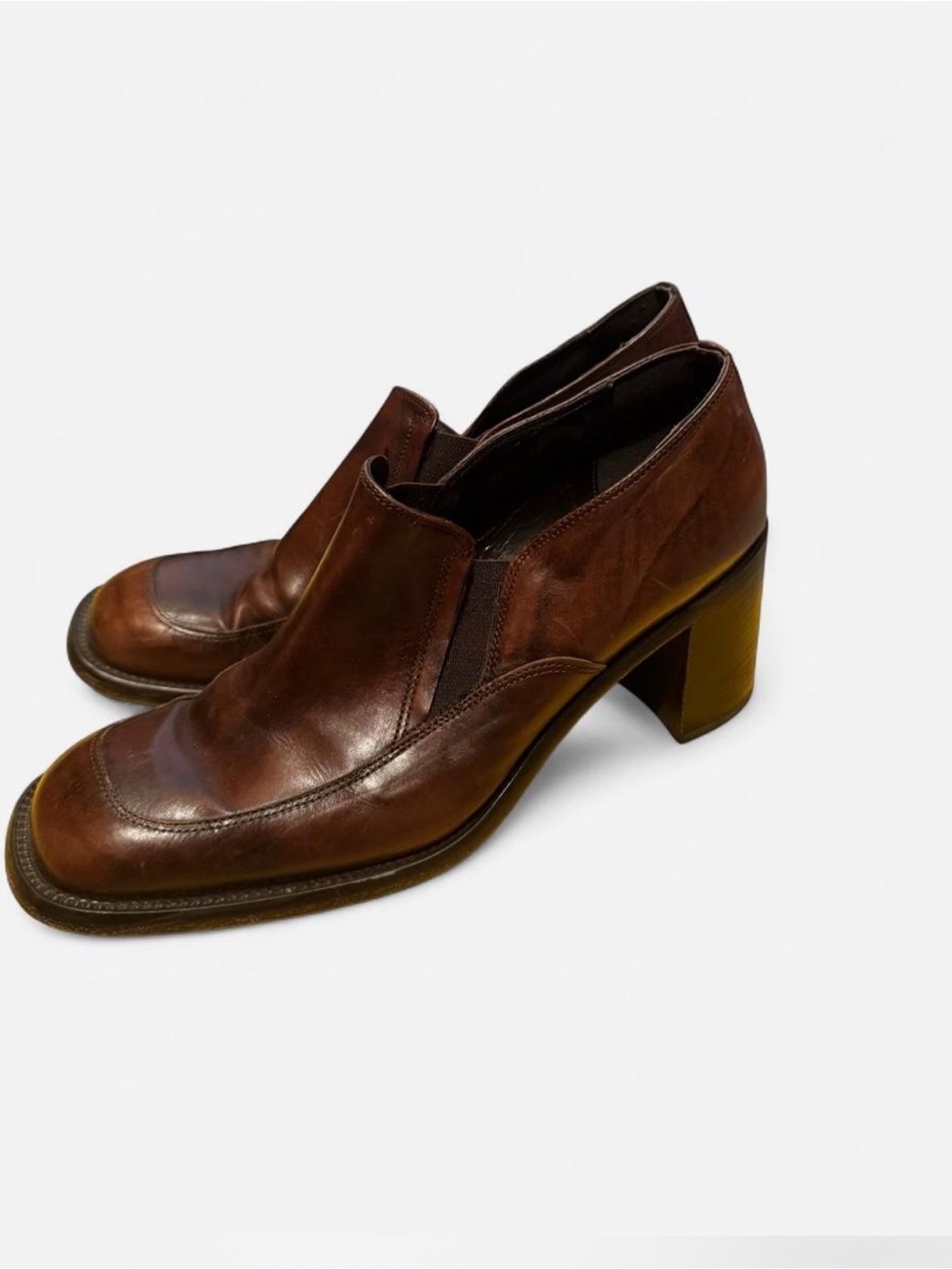 Classic Brown Leather Block Heel Women's Italian hand-made Shoes, 40.5
